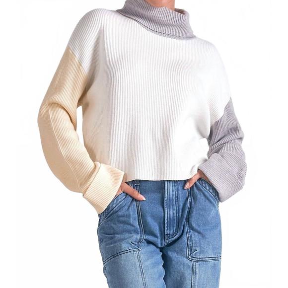 NEW ELAN boxy colorblock turtleneck sweater top in white/grey - Picture 1 of 3
